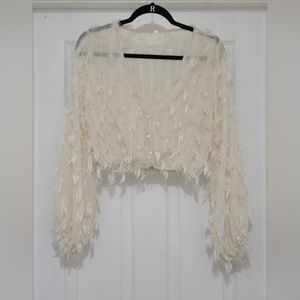 SHEIN Unity Fringe Overlay Chiffon Crop Blouse,Sz M, Beige